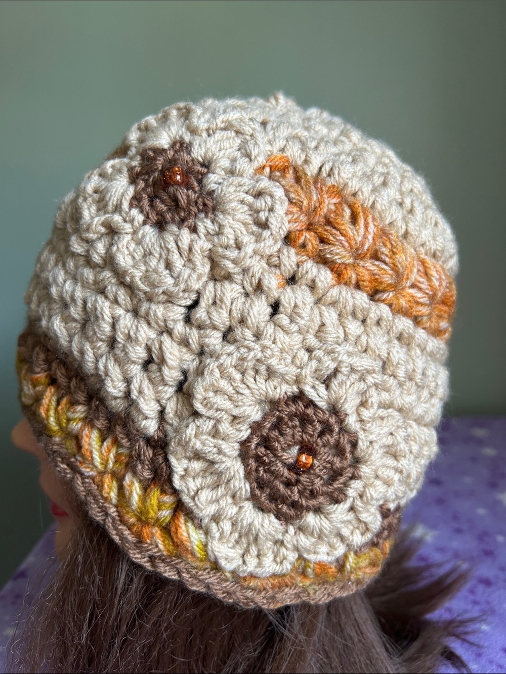 Handmade boho hemp acrylic medium Crochet Flower Beanie